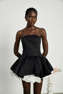 BLACK PETAL-LAYERED STRAPLESS CORSET MINI DRESS