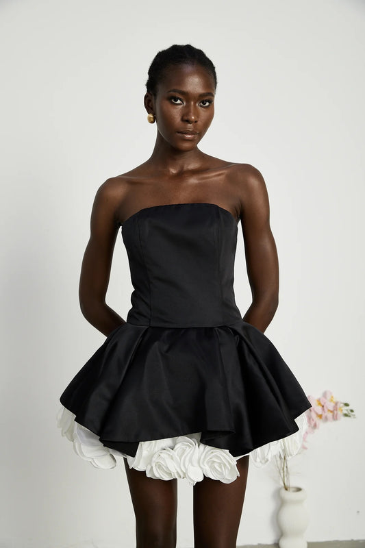 BLACK PETAL-LAYERED STRAPLESS CORSET MINI DRESS